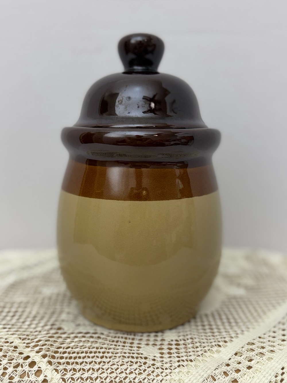 1970’s Vintage Tri-Color Brown Ceramic Canister Jar With Lid